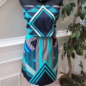 Express Fit & Flare Dress Womens Size S Green & Blue Polyester Off The Shoulder